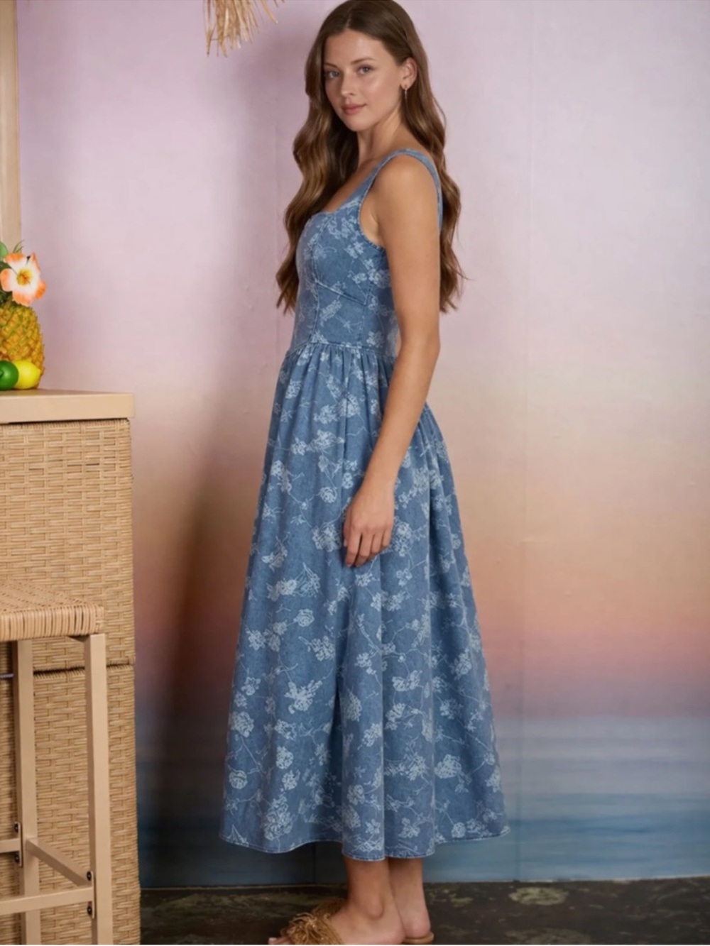 Denim Floral Jacquard Corset Midi Dress Cottagecore Blue Small - Picture 3 of 6